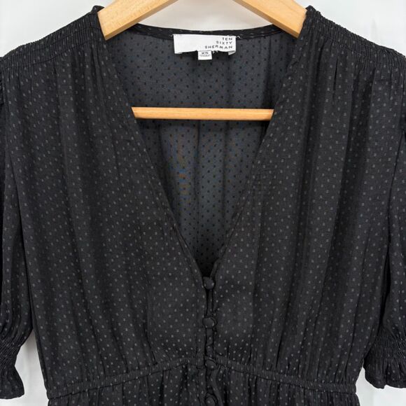 Ten Sixty Sherman Polka Dot V-neck Blouse, Sz XS, Ruffle Smocked Button Front - Picture 2 of 10